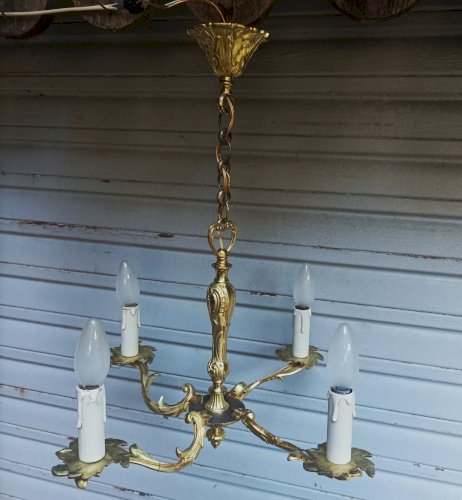 Rare ancien lustre en bronze doré 4 feux de style Louis XV en état de marche