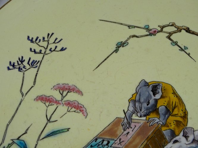 -RARE ASSIETTE CERAMIQUE BORDEAUX J. VIEILLARD d'après HOKUSAI fin XIX SOURIS