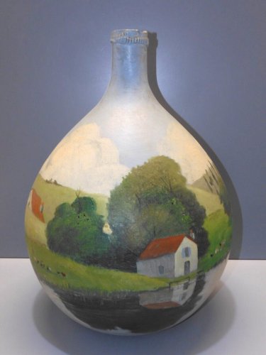-RARE BOMBONNE DAME JEANNE VERRE PEINT décor PAYSAGE NAÏF non signé COLLECTION D