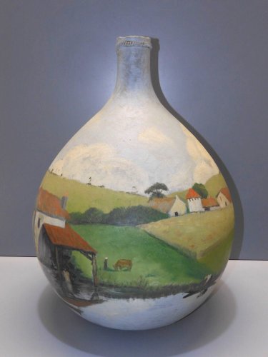 -RARE BOMBONNE DAME JEANNE VERRE PEINT décor PAYSAGE NAÏF non signé COLLECTION D