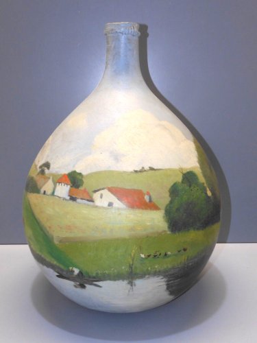 -RARE BOMBONNE DAME JEANNE VERRE PEINT décor PAYSAGE NAÏF non signé COLLECTION D