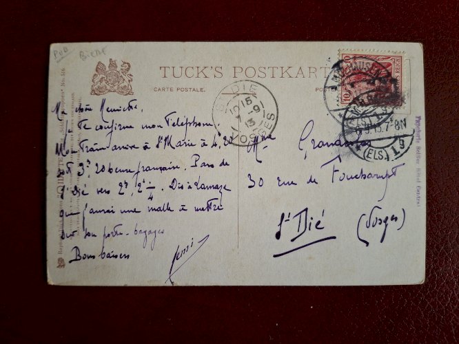 Rare carte postale bière Schultheis circulée Mulhouse Saint Dié 1913