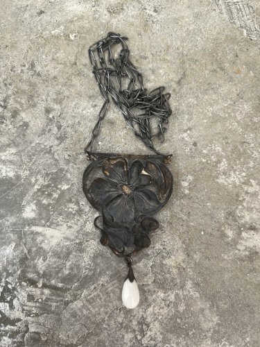 Rare collier floral Art Nouveau 1890-1910, bijou ancien avec Perle Pate De Verre