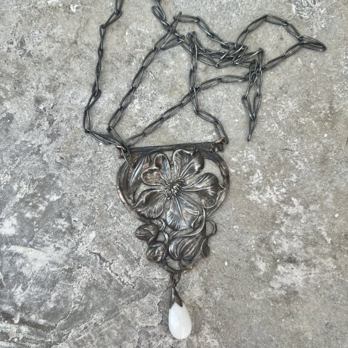 Rare collier floral Art Nouveau 1890-1910, bijou ancien avec Perle Pate De Verre