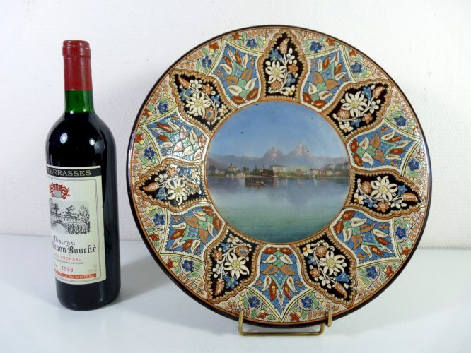 Rare Grand Plat Suisse THOUNE XIXe décor peint main D - 34,5 cm