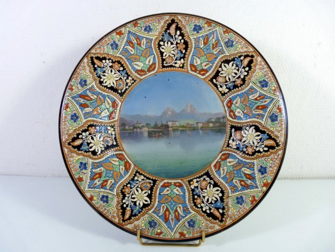 Rare Grand Plat Suisse THOUNE XIXe décor peint main D - 34,5 cm