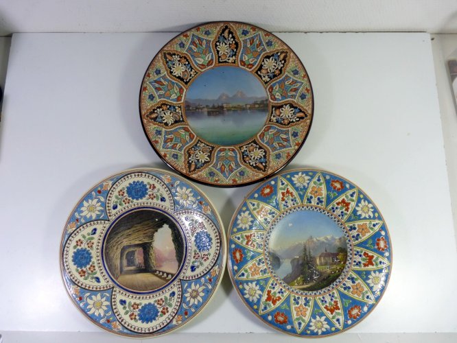 Rare Grand Plat Suisse THOUNE XIXe décor peint main D - 34,5 cm