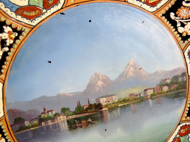 Rare Grand Plat Suisse THOUNE XIXe décor peint main D - 34,5 cm