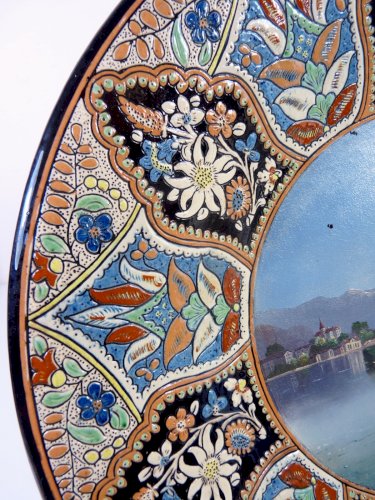 Rare Grand Plat Suisse THOUNE XIXe décor peint main D - 34,5 cm