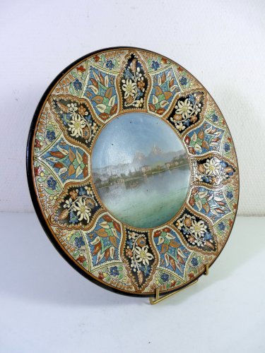 Rare Grand Plat Suisse THOUNE XIXe décor peint main D - 34,5 cm