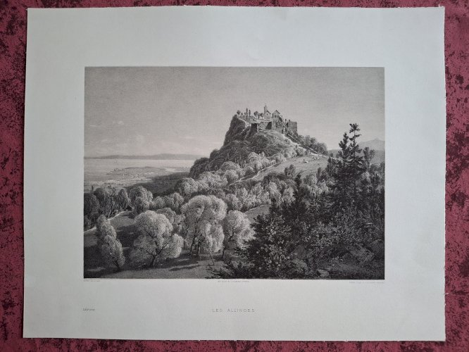 Rare Gravure vue de Allinges Haute Savoie à côté de Thonon original de 1866 très bon état