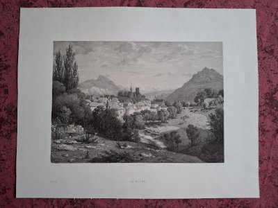 Rare Gravure vue de La Roche sur Foron Haute Savoie original de 1866 très bon état