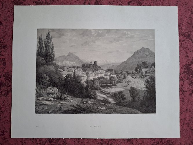 Rare Gravure vue de La Roche sur Foron Haute Savoie original de 1866 très bon état