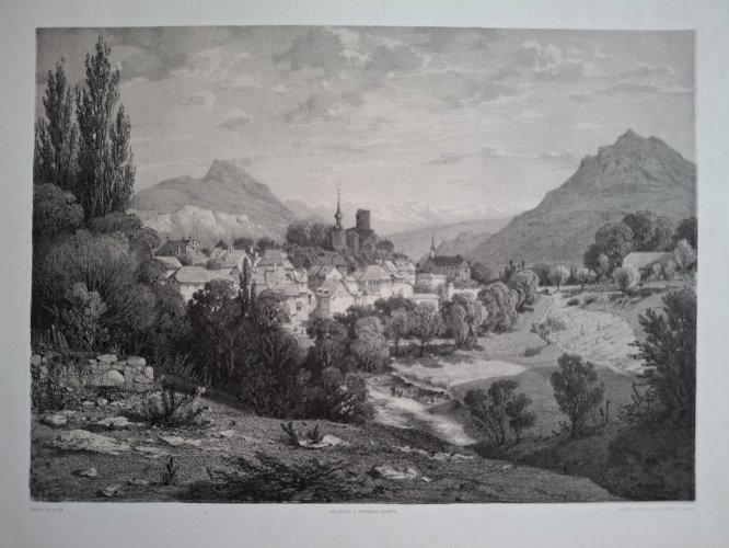 Rare Gravure vue de La Roche sur Foron Haute Savoie original de 1866 très bon état