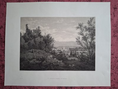 Rare Gravure vue de Saint Julien en Genevois Haute Savoie original de 1866 très bon état