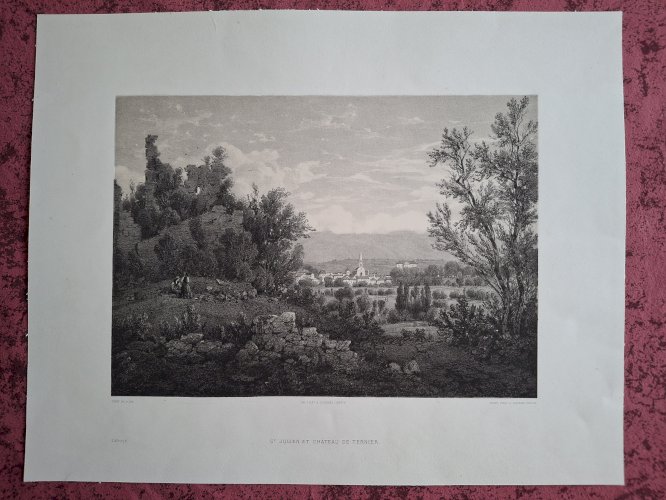Rare Gravure vue de Saint Julien en Genevois Haute Savoie original de 1866 très bon état