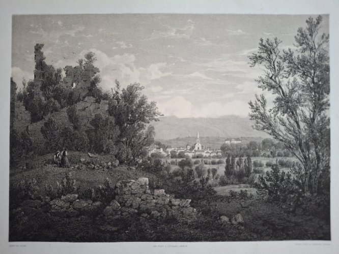 Rare Gravure vue de Saint Julien en Genevois Haute Savoie original de 1866 très bon état