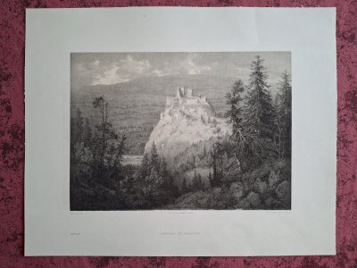 Rare Gravure vue du château de Faucigny près de Annemasse Haute Savoie original de 1866 très bon état