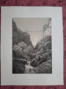 Rare Gravure vue du pont et des bains de la Caille près de Annecy Haute Savoie original de 1866 très bon état
