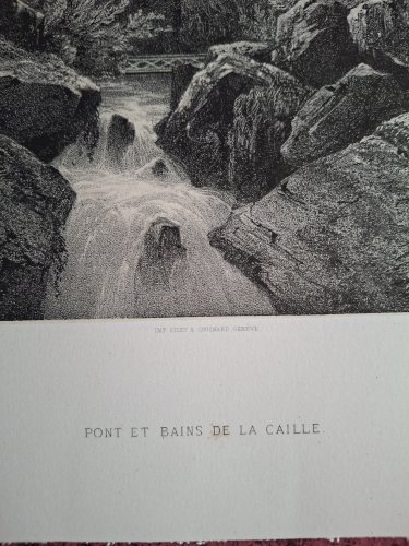 Rare Gravure vue du pont et des bains de la Caille près de Annecy Haute Savoie original de 1866 très bon état