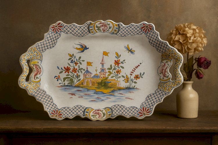 Rare plateau en faïence de Sinceny XVIIIe – décor de pagode et oiseaux, style Gu