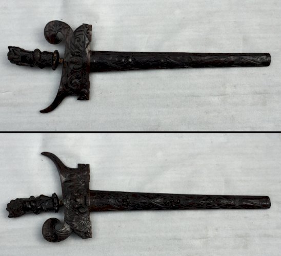 RARE & SUPERBE SABRE COURT DIT :  KRISS , BOIS SCULPTÉ, XIX, ORIGINAL