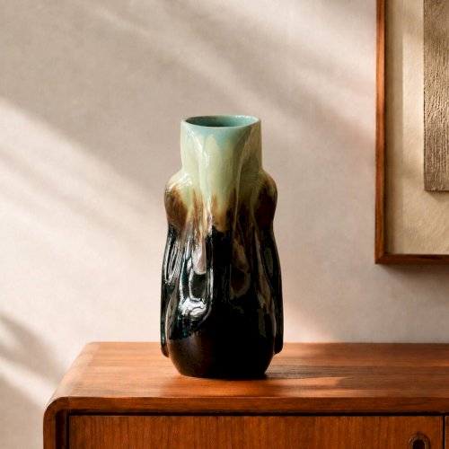 Rare vase organique ancien de Thulin en faïence flammée émaillée