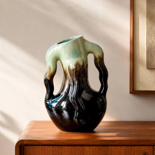 Rare vase organique ancien de Thulin en faïence flammée émaillée