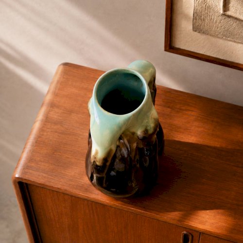 Rare vase organique ancien de Thulin en faïence flammée émaillée