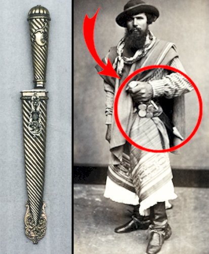 RARISSIME & SUPERBE DAGUE / GLAIVE ARGENTINE + COFFRE EN BOIS, TYPE GAUCHO, XIX, ORIGINAL