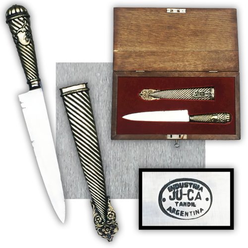 RARISSIME & SUPERBE DAGUE / GLAIVE ARGENTINE + COFFRE EN BOIS, TYPE GAUCHO, XIX, ORIGINAL