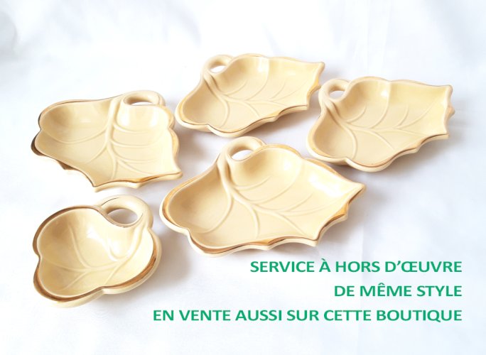 Ravier céramique Vallauris 1950 feuille vert et or