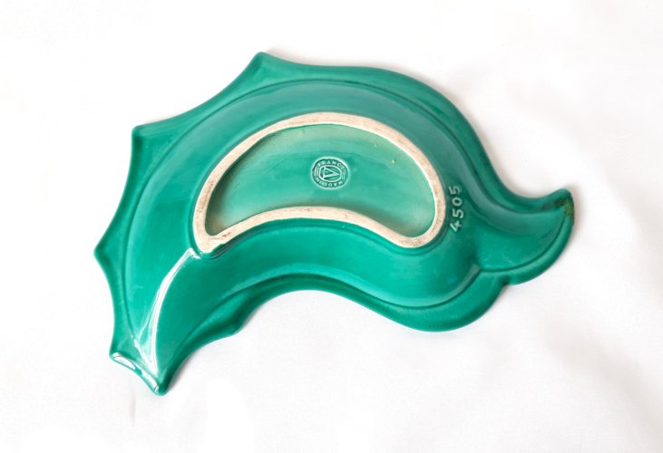 Ravier céramique Vallauris 1950 feuille vert et or
