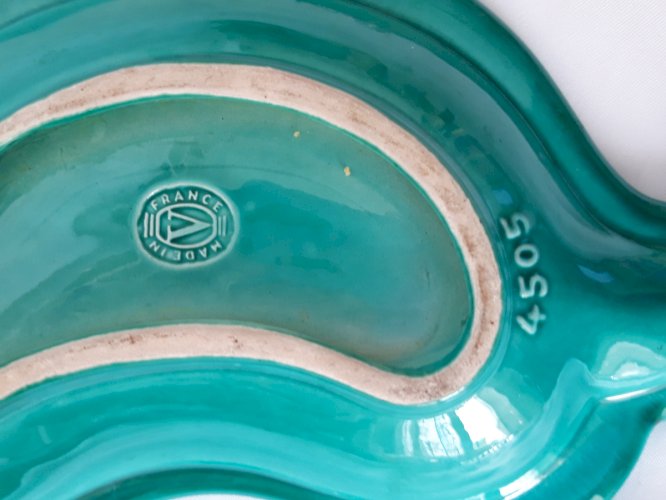 Ravier céramique Vallauris 1950 feuille vert et or