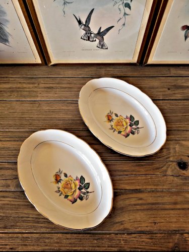 Raviers Gien Gardanne, roses couleur jaune, liserés dorés  (lot de 2)