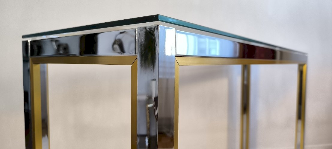 ✨✨✨ Renato Zevi - Magnifique grande console design 1970’s Renato Zevi chromée et dorée signée Made In Italy ✨✨✨