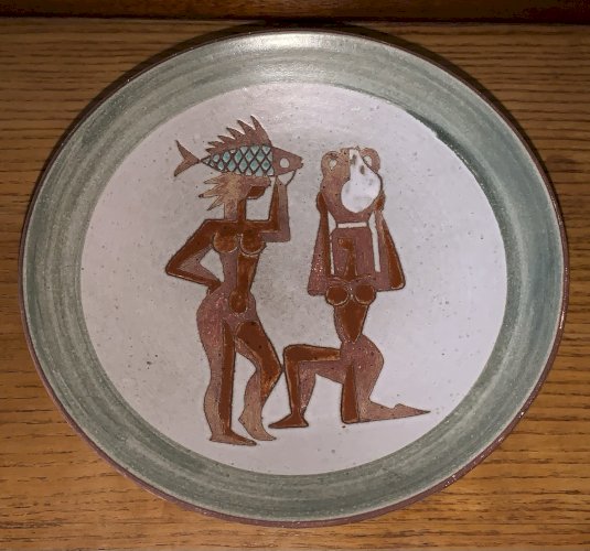 René Maurel céramique Vallauris coupe à décor incisé art rupestre 1950's