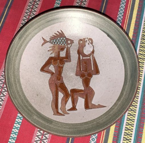 René Maurel céramique Vallauris coupe à décor incisé art rupestre 1950's