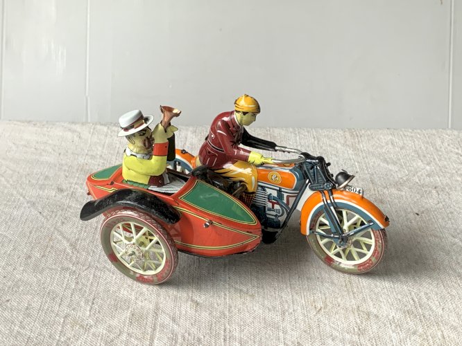Reproduction jouet moto side car métal peint