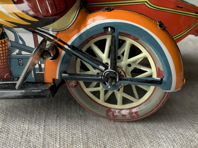 Reproduction jouet moto side car métal peint