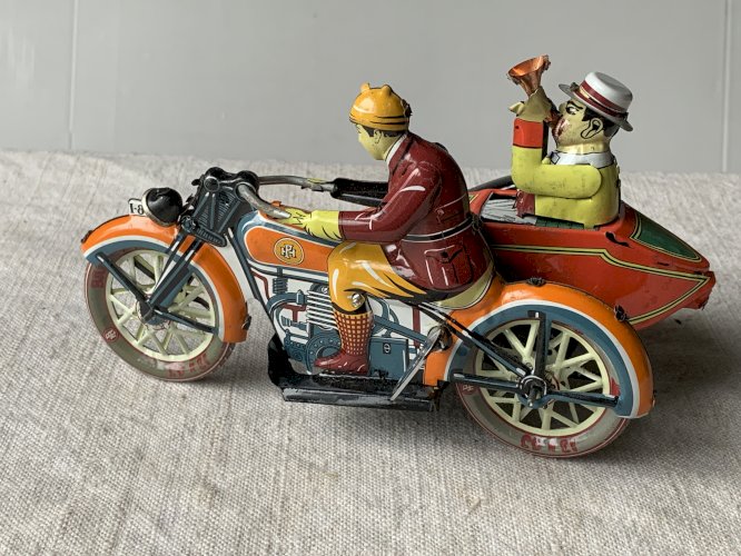 Reproduction jouet moto side car métal peint