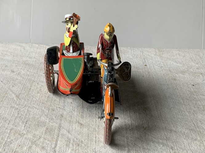 Reproduction jouet moto side car métal peint