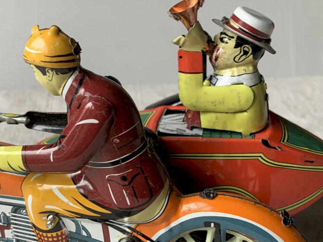 Reproduction jouet moto side car métal peint