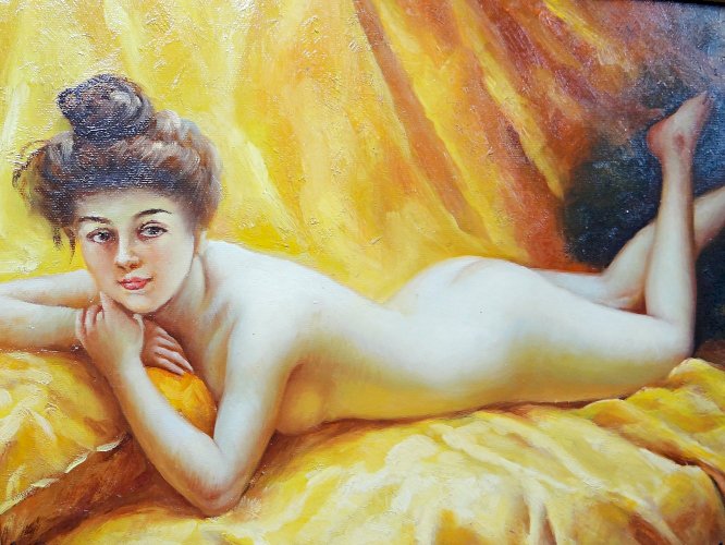Reproduction "Nu au coussin" "La paresseuse" d'après Daniel Hernández Morillo