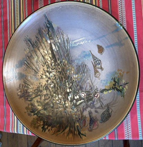 Robert Mahéo grande céramique pièce unique 1970's décor de fonds marins