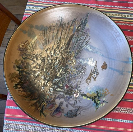 Robert Mahéo grande céramique pièce unique 1970's décor de fonds marins