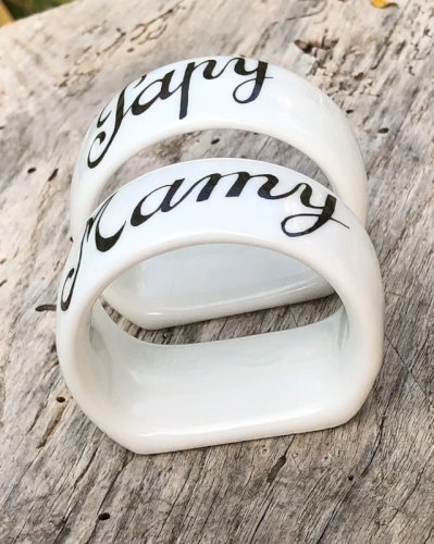 Ronds de serviettes en porcelaine Papy et Mamy