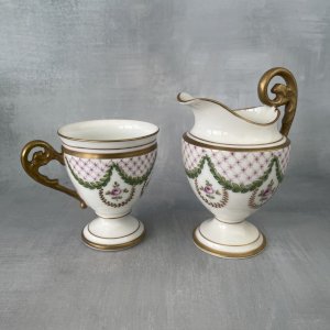 ROVINA Epinal tasse & pot à lait porcelaine décor guirlande verte fleur rose