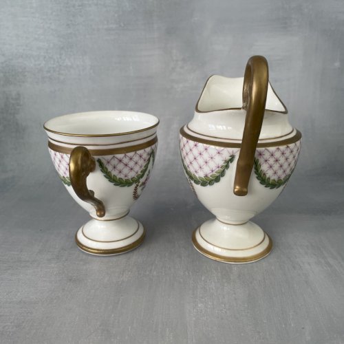 ROVINA Epinal tasse & pot à lait porcelaine décor guirlande verte fleur rose