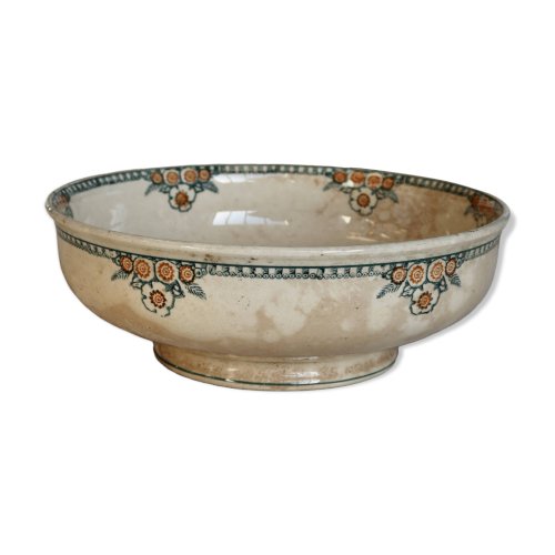 Saladier ancien en terre de fer à décor floral vert et orange